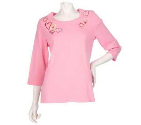 Quacker Factory Funky Heart Stretch 3/4 Sleeve T-shirt - A216405