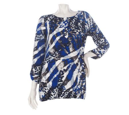Susan Graver Liquid Knit Banded Bottom 3/4 Sleeve Printed Top - A221305