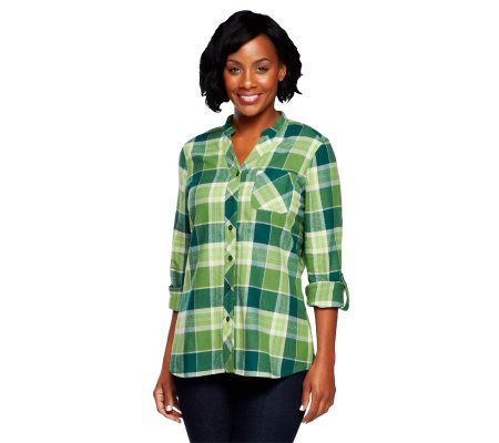 Denim & Co. Roll Tab Sleeve Button Front Plaid Shirt - A227205