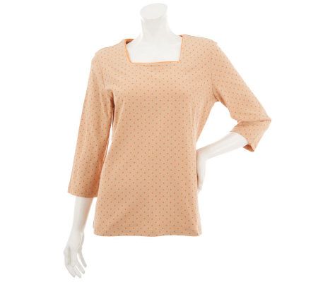 Denim & Co. 3/4 Sleeve Square Neck Dot Print Knit Top - A230905