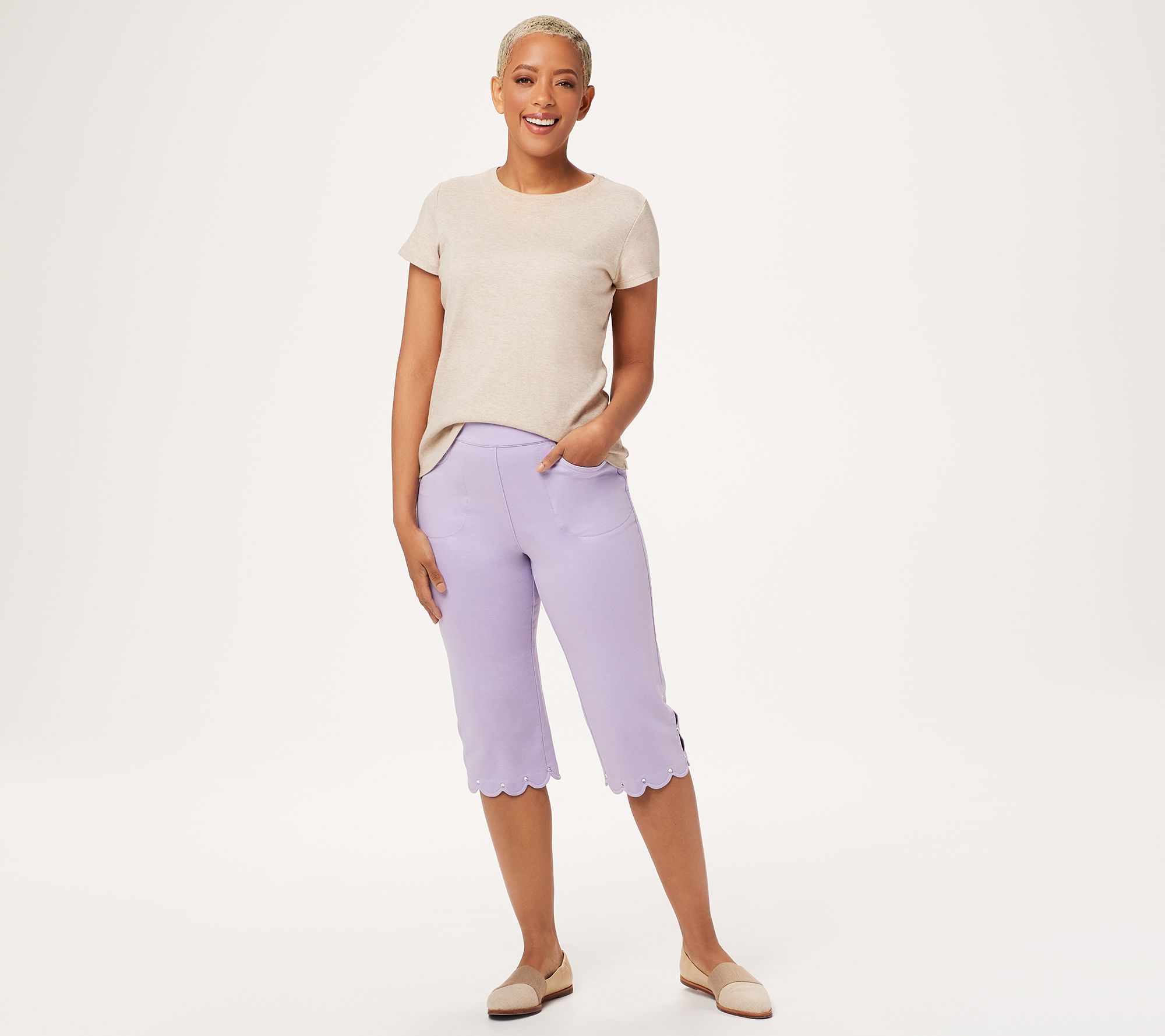 Quacker Factory DreamJeannes Pedal Pushers w/ Scallop Rhinestone Trim