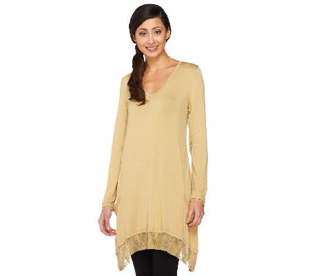 LOGO by Lori Goldstein V-neck Knit Top with Lace Trim and Pockets - A232005