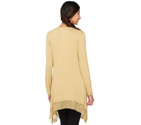 LOGO by Lori Goldstein V-neck Knit Top with Lace Trim and Pockets