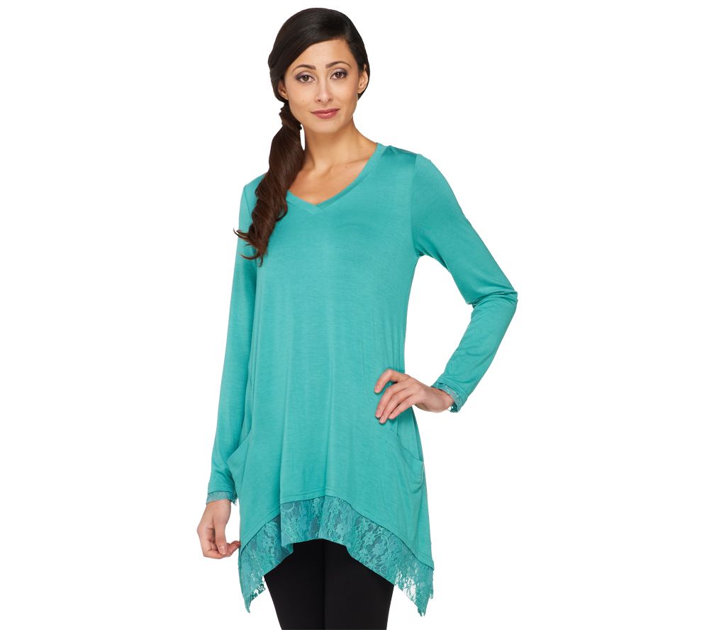 LOGO by Lori Goldstein V-neck Knit Top with Lace Trim and Pockets - A232005