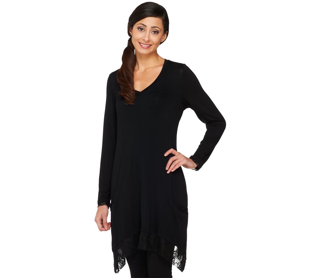 LOGO by Lori Goldstein V-neck Knit Top with Lace Trim and Pockets - A232005