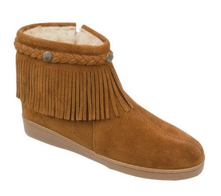 Minnetonka Womens Pile Lined Side Zip Fringe Boots - A320105