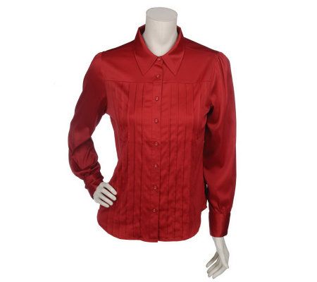 Susan Graver Stretch Charmeuse Pintucked Blouse - A17606