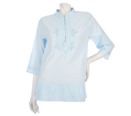 Susan Graver Cotton Poplin 3/4 Sleeve Top w/Embellished Front Placket - A199606