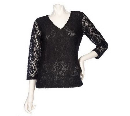 Motto 3/4 Sleeve V-neck Stretch Lace Knit Top - A209306