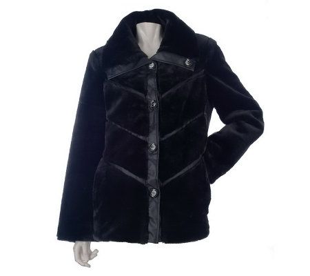 Dennis Basso Faux Fur and Faux Leather Chevron Coat with Wing Colla - A212106