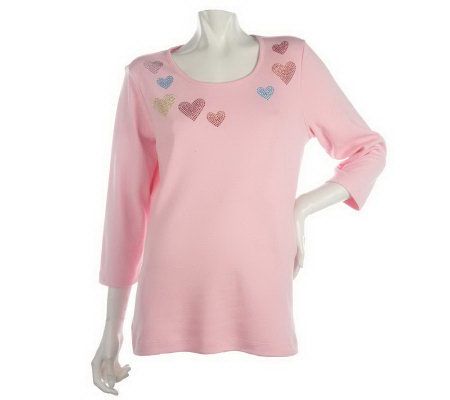 Quacker Factory 3/4 Sleeve Colorful Hearts Motif T-shirt - A212706