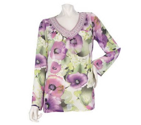 Susan Graver Yoryu Chiffon Floral Print V-neck Top with Beaded Detail - A212906