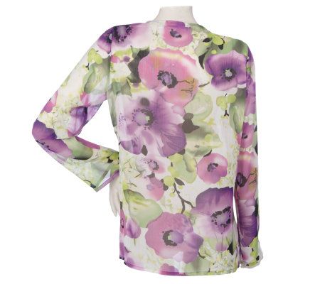 Susan Graver Yoryu Chiffon Floral Print V-neck Top with Beaded Detail