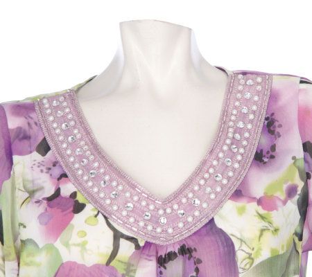 Susan Graver Yoryu Chiffon Floral Print V-neck Top with Beaded Detail