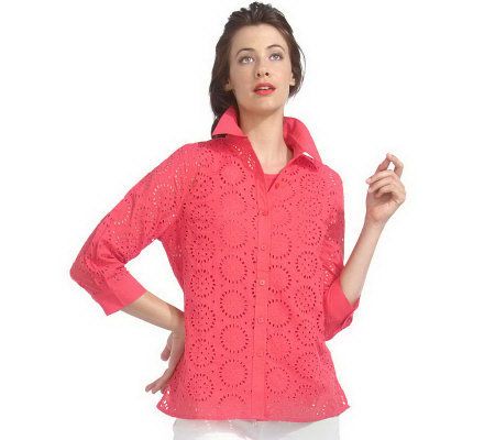 Isaac Mizrahi Live! 3/4 Sleeve Button Front Eyelet Blouse - A214906