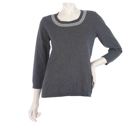 Liz Claiborne New York 3/4 Sleeve Tipped Scoop Neck Sweater - A216406