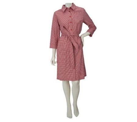 Denim & Co. Gingham Check Button Front Shirt Dress w/ Tie at Waist - A224006