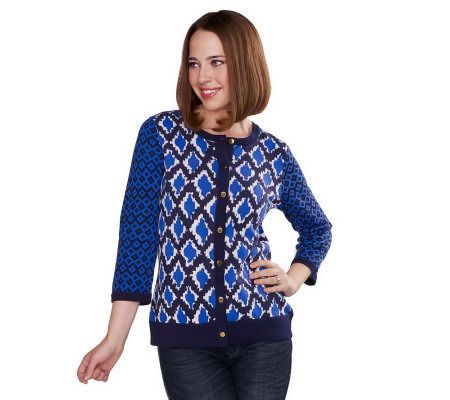 Isaac Mizrahi Live! 3/4 Sleeve Ikat Print Crew Neck Cardigan - A224406