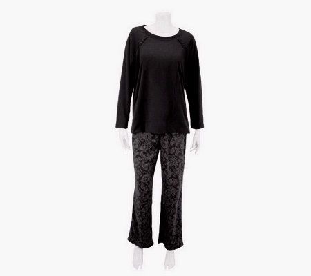 Carole Hochman Microfleece 2pc Set with Solid Top and Tonal Print Pant - A227906