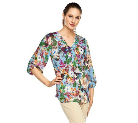 Isaac Mizrahi Live! Wonderland Floral Print Ruffle Top - A231306