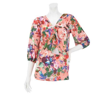Isaac Mizrahi Live! Wonderland Floral Print Ruffle Top - A231306