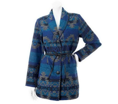 As Is Denim & Co. Long Sleeve Tribal Print Blanket Jacket w/Belt - A236306