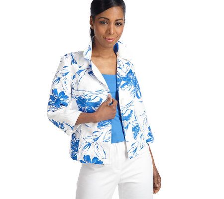 Susan Graver 3/4 Sleeve Printed Floral Textured Jacket