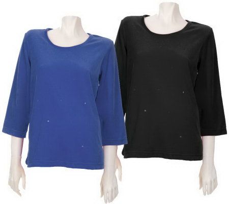Quacker Factory Set of 2 Sequin Velour 3/4 Sleeve Knit Tops - A1007