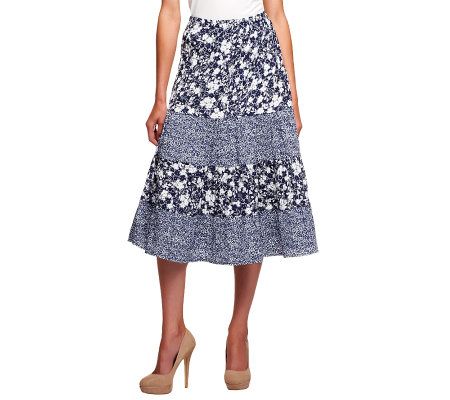 Susan Graver Printed Crinkle Pull-on Tiered Peasant Skirt - A199407