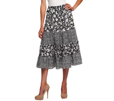 Susan Graver Printed Crinkle Pull-on Tiered Peasant Skirt - A199407