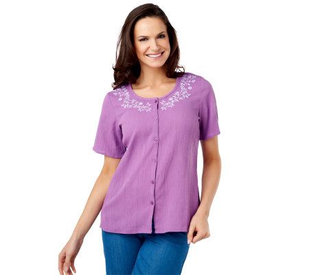 Denim & Co. Short Sleeve Embroidered Gauze Top - A215807