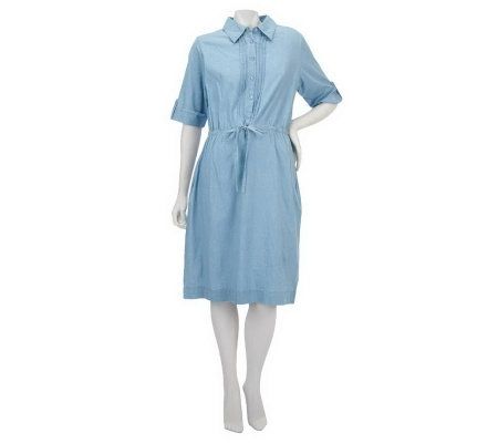Denim & Co. Short Sleeve Chambray Shirt Dress with Tie - A224807