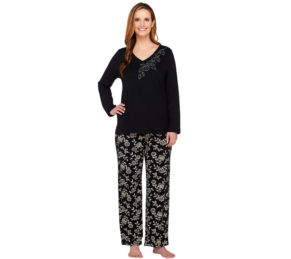 Carole Hochman Wallpaper Rose Applique Cotton Jersey 2pc Pajama Set - A227907