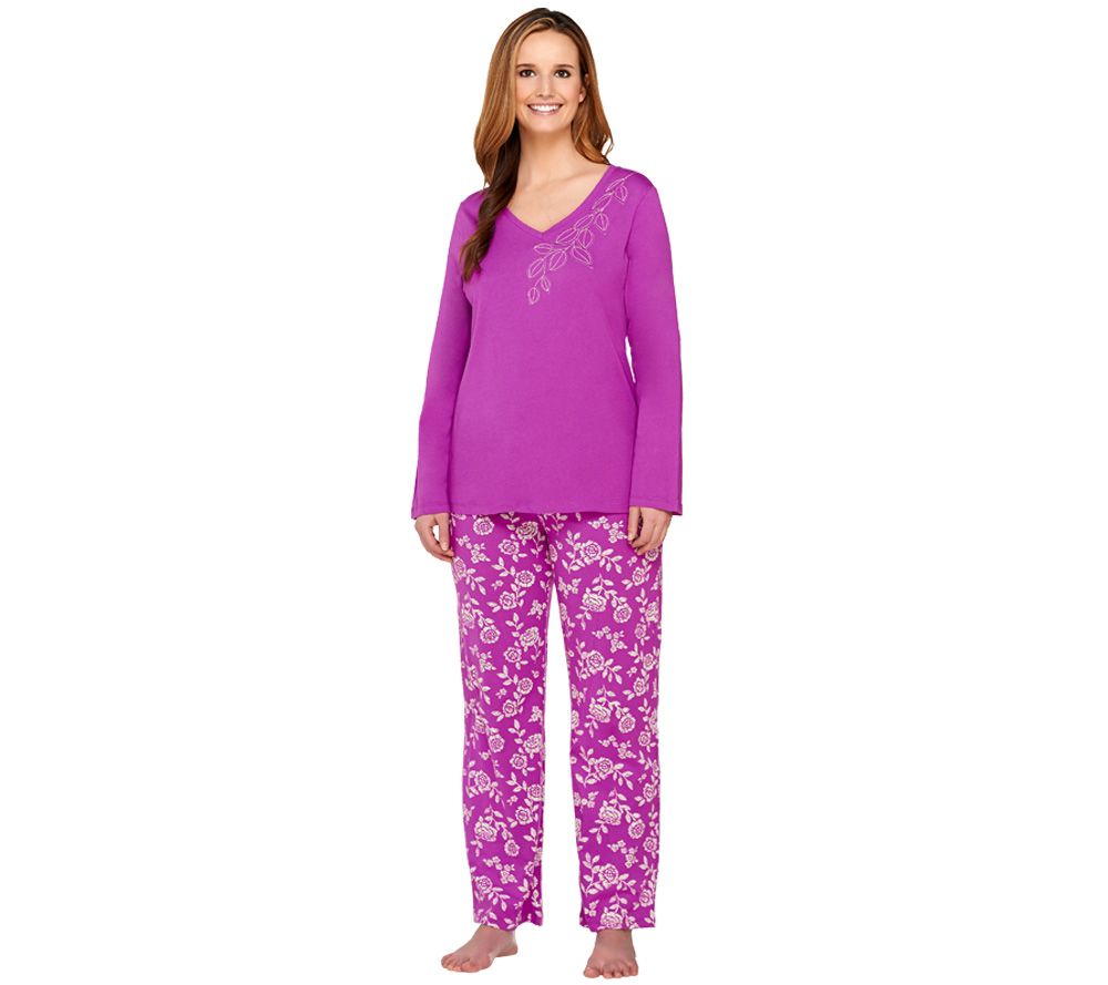 Carole Hochman Wallpaper Rose Applique Cotton Jersey 2pc Pajama Set - A227907