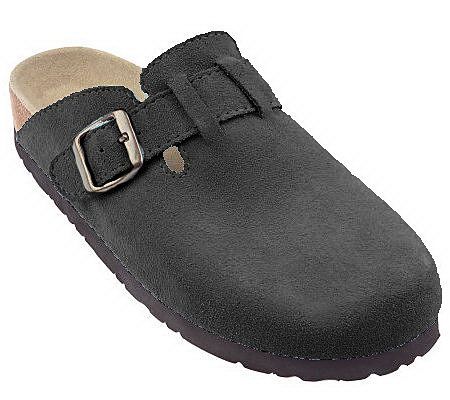 suede clogs with buckle