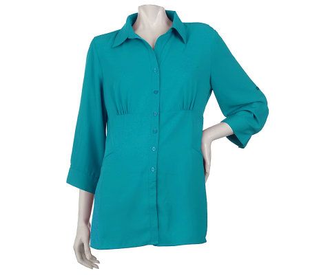 Susan Graver Cool Peach Button Front Top w/Pockets & Empire Waist - A215108