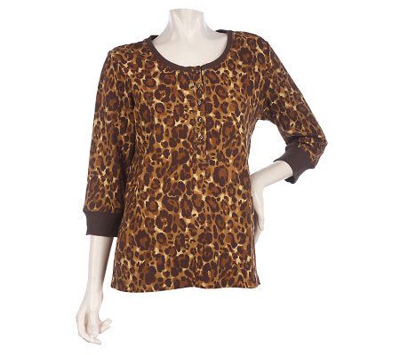Denim & Co. 3/4 Sleeve Animal Print Thermal Henley - A216608