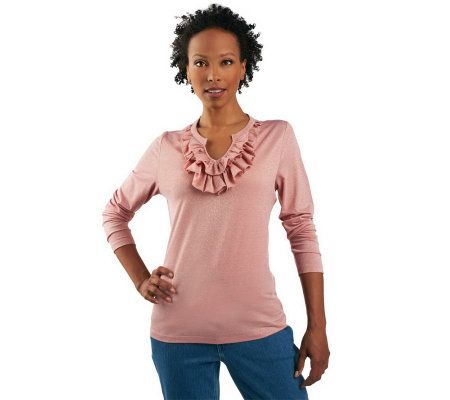 Isaac Mizrahi Live! Long Sleeve Top with Front Ruffle - A220308