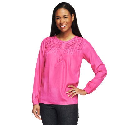 Isaac Mizrahi Live! Lattice Yoke Henley Blouse - A230308