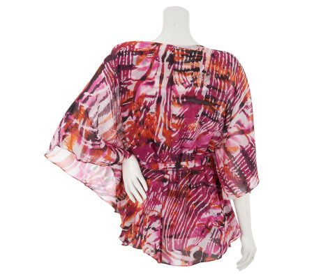 Bob Mackies Batwing Jeweled Wide V-Neck Printed Top