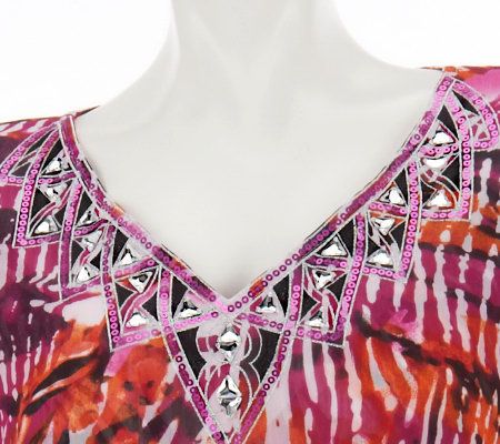 Bob Mackies Batwing Jeweled Wide V-Neck Printed Top