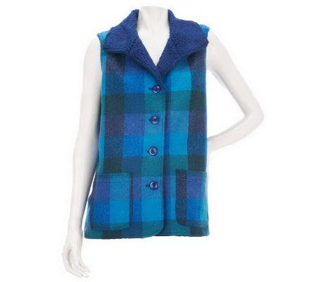 As Is Denim & Co. Plaid Button Front Vest with Sherpa Lining - A235808