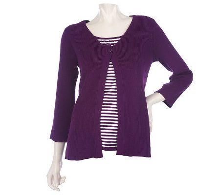 Denim & Co. Ribbed Knit Sweater with Striped Front Inset - A96308