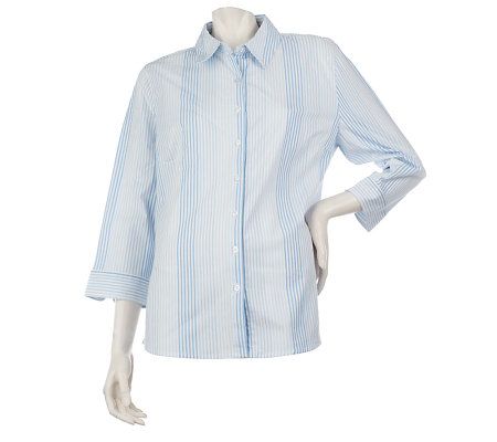 Denim & Co. 3/4 Sleeve Button Front Ombre Striped Woven Shirt - A214509