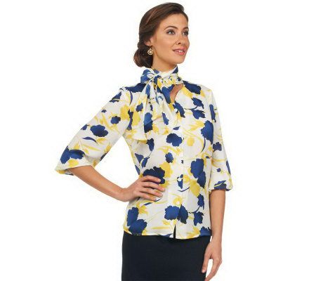 Joan Rivers Floral Tie Neck Blouse with 3/4 Sleeve - A224909