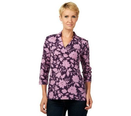 Liz Claiborne New York Floral Print 3/4 Sleeve V-Neck T-Shirt - A226809