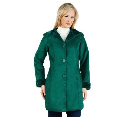 As Is Denim & Co. Faux Suede Whipstitching Jacket with Faux Fur Hood - A234209