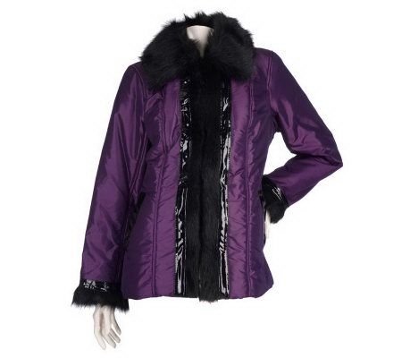Dennis Basso Water Resistant Coat with Faux Fox Collar and Trim - A4609