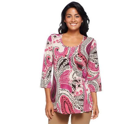 Susan Graver Liquid Knit Paisley Print Pleat Front Top - A91309