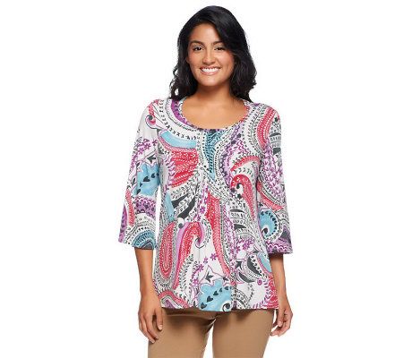 Susan Graver Liquid Knit Paisley Print Pleat Front Top - A91309
